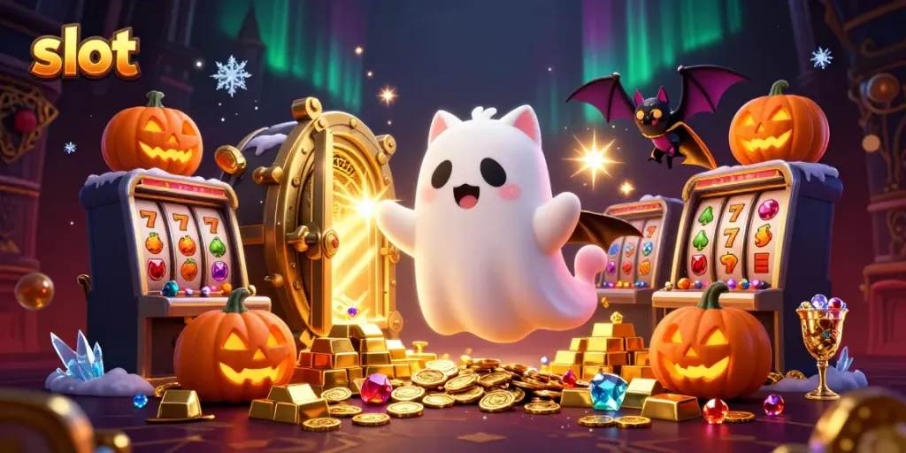 Slot dengan karakter kucing hantu dan vampir di kasino menyeramkan yang berkumpul di jackpot.