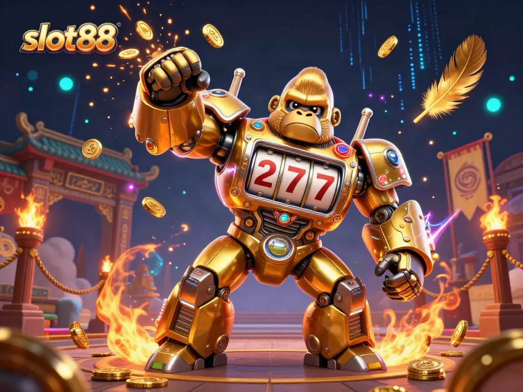 Experience the thrill of slot88 with a golden mech surrounded by dynamic casino elements.