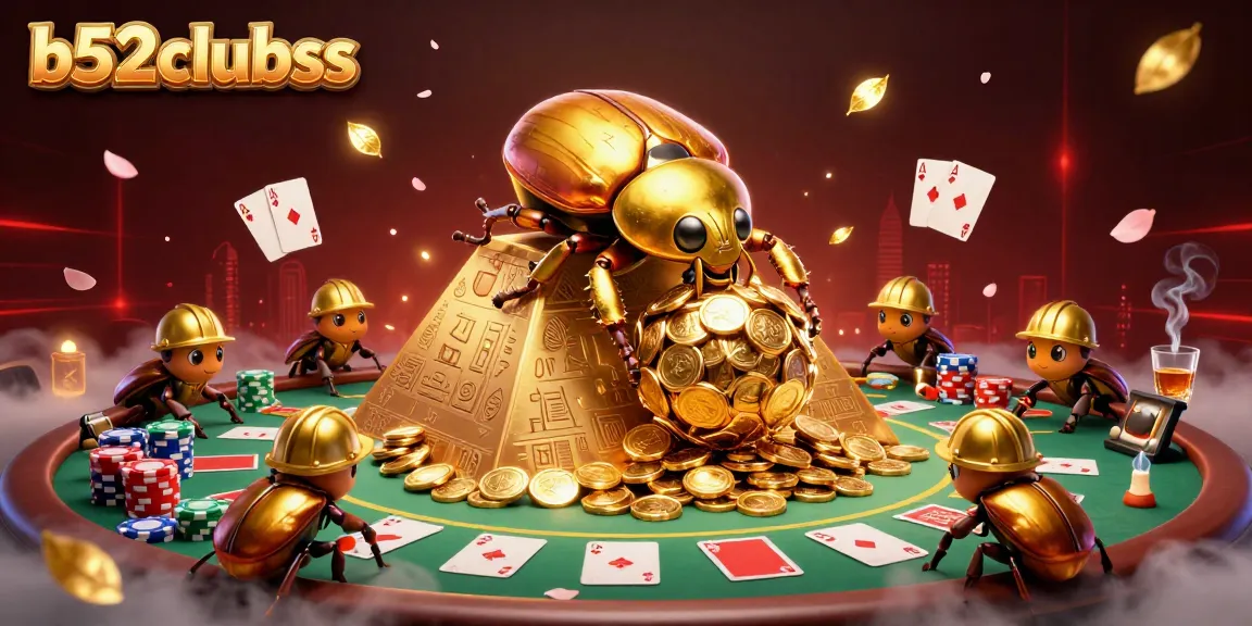 B52clubss showcases a vibrant gambling scene with a golden dung beetle rolling coins in 3D action.