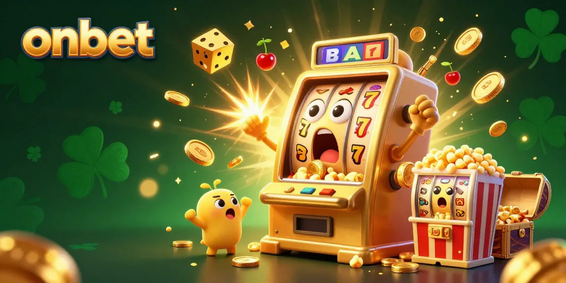 Hit the jackpot at onbet with a golden slot machine surrounded by cheering baby slots and coins raining down.