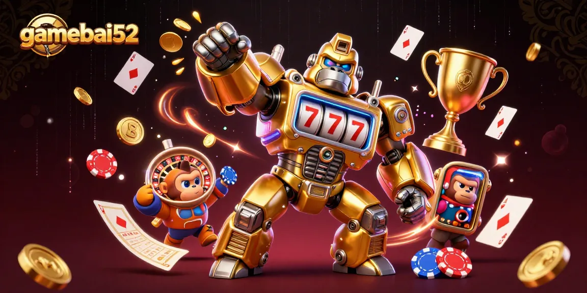 Experience thrilling gameplay at gamebai52, featuring an electrifying golden gorilla mech amid casino action.