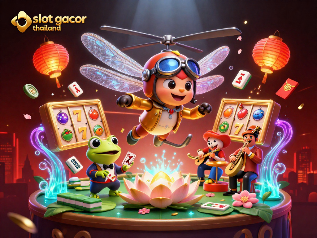 Experience the thrill of slot gacor thailand with dynamic 3D casino characters amidst vibrant gaming icons.