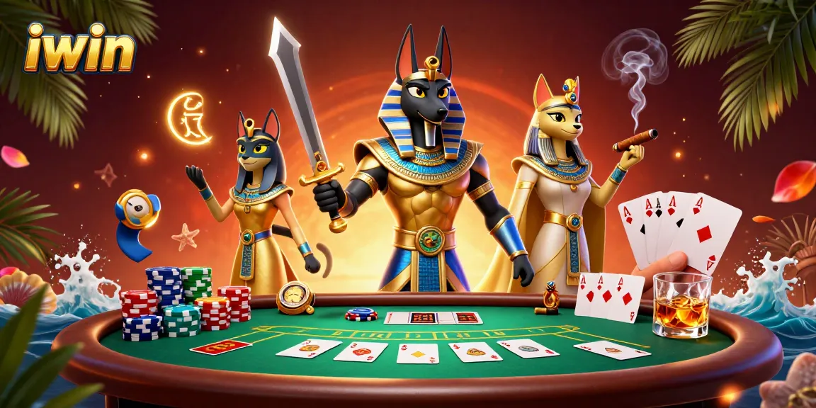 Play iwin at a vibrant online casino scene featuring Anubis and Bastet amidst colorful poker elements.