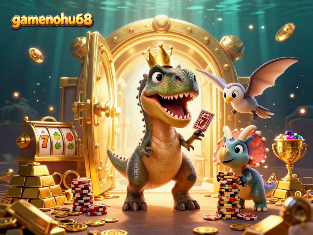 Experience the excitement of gamenohu68 as a T-Rex shuffles cards amidst dazzling casino treasures.