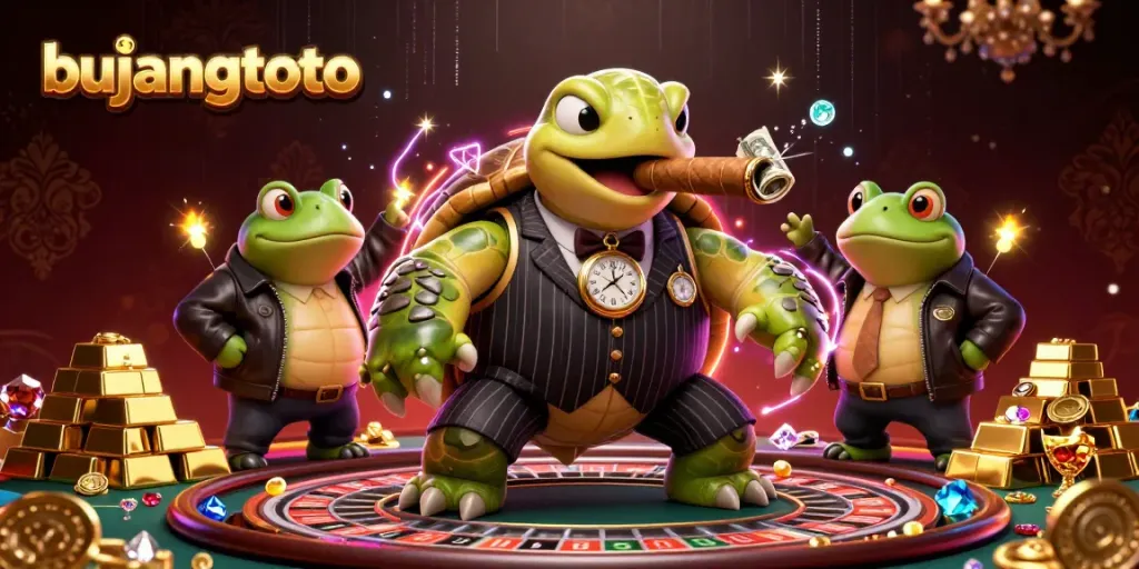 Engage with bujangtoto's thrilling casino scene featuring a mobster turtle and bullfrog enforcers.