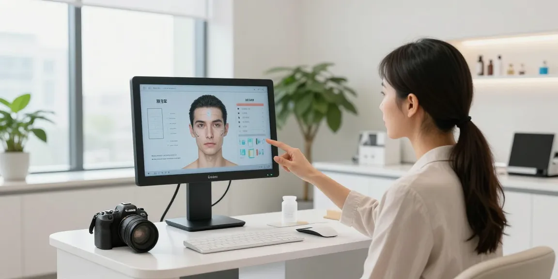 Client and consultant discussing facial analysis results showing why ClinicEvo better than QOVES in a modern clinic setting.