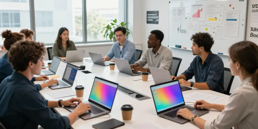 Team collaborating in a professional setting to click here for more info effectively.