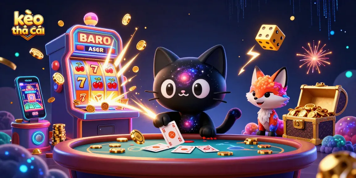 Catching big wins with kèo nhà cái at a vibrant cosmic casino, featuring a black hole cat and a nebula fox.