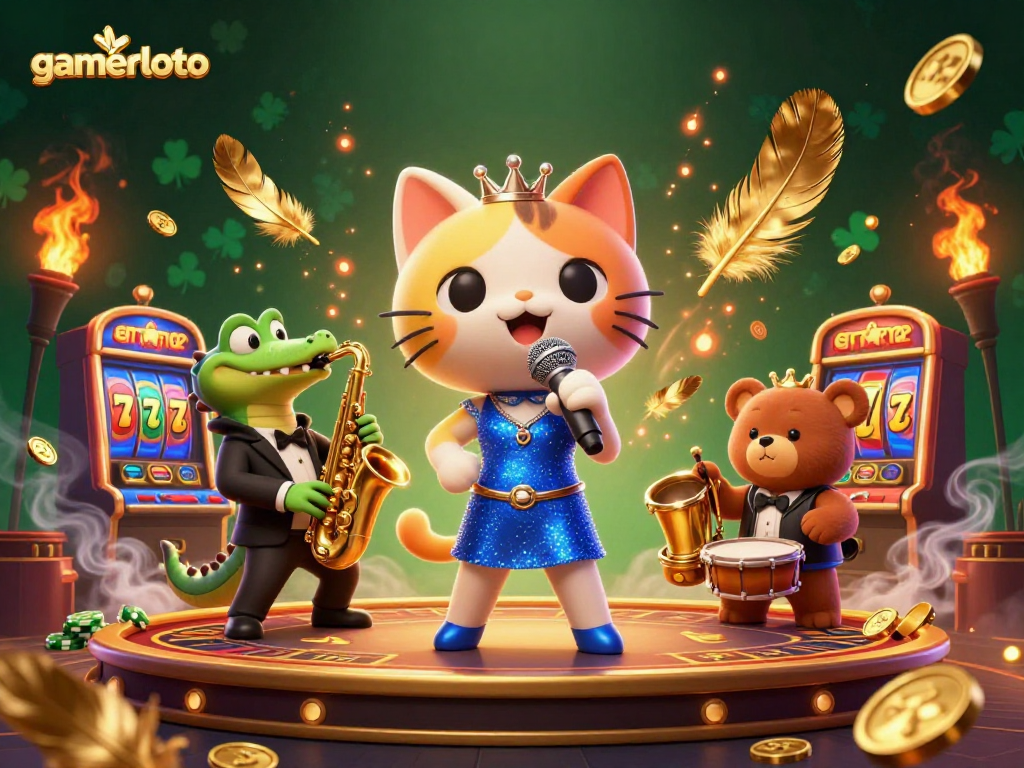 gamerloto showcases a vibrant 3D casino scene with animated characters, slot machines, and golden gaming elements.