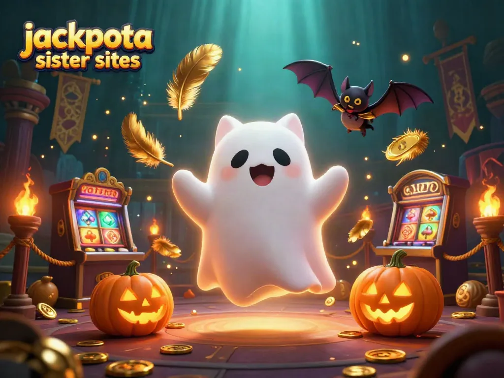 Explore jackpota sister sites through a vibrant casino illustration featuring a playful ghost cat and a vampire bat.