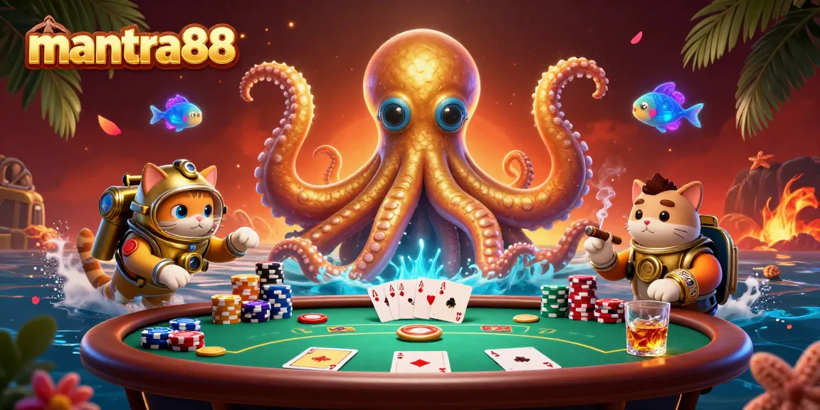 Engage in winning strategies with mantra88 at this vibrant online casino scene featuring a colossal kraken and poker elements.