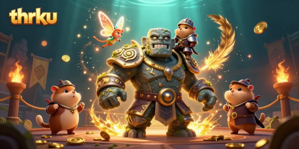 Experience thrilling casino adventures with thrku as magical characters engage in bustling games.