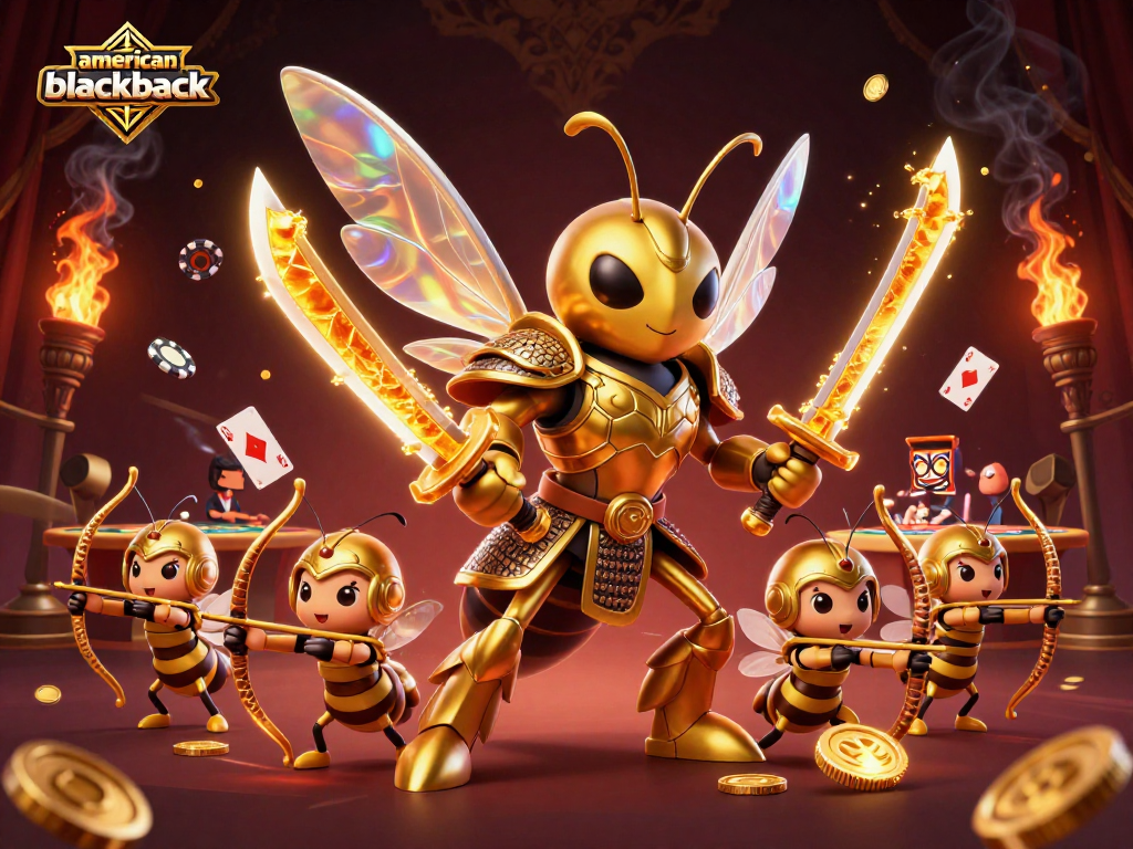 Experience the excitement of american-blackjack with a dynamic casino scene featuring whimsical characters and game elements.