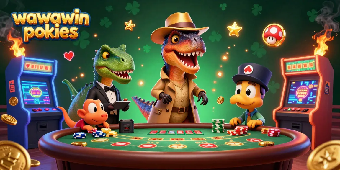 Engage with wawawin pokies in a vibrant gambling scene featuring a dinosaur themed casino adventure.
