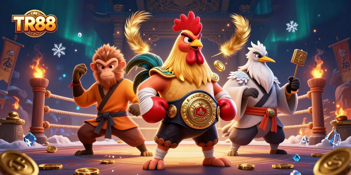 Engage in thrilling gaming at TR88 with a vibrant scene of characters celebrating a win amidst golden coins and excitement.