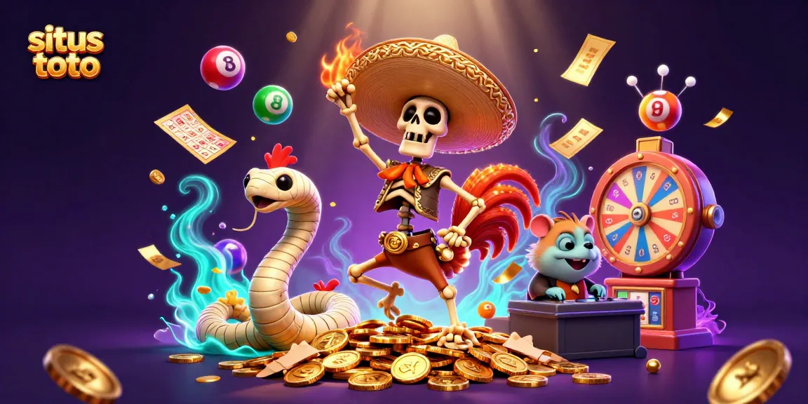 Menggambar suasana aktif bermain situs toto dengan karakter unik, bola lotere beraneka warna, dan sinar terang.