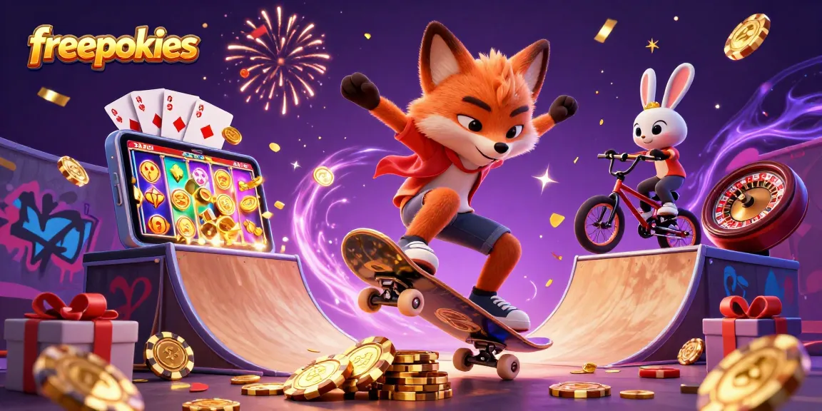 Explore freepokies with a 3D skateboarder fox and BMX rabbit amid casino symbols.