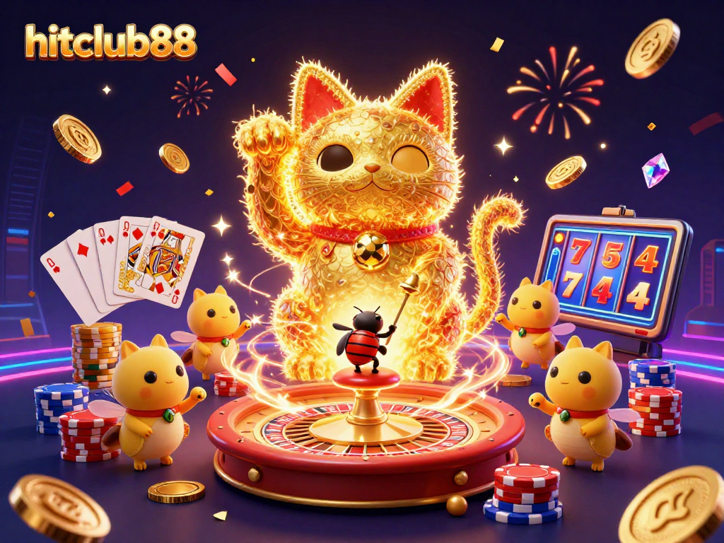 Experience the thrill of hitclub88 with a vibrant 3D lucky cat and casino elements in a dazzling scene.