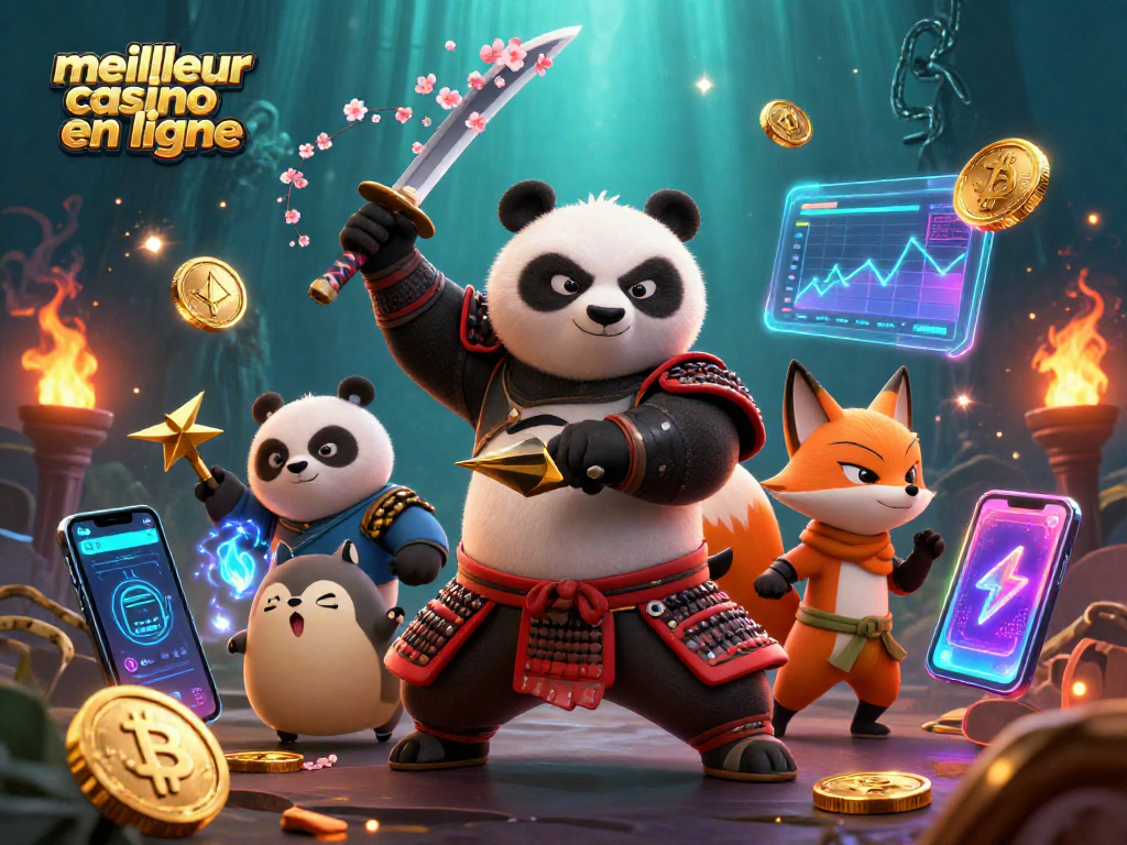 Jouez dans un environnement de casino dynamique avec le meilleur casino en ligne grâce à un panda samouraï et un renard ninja.
