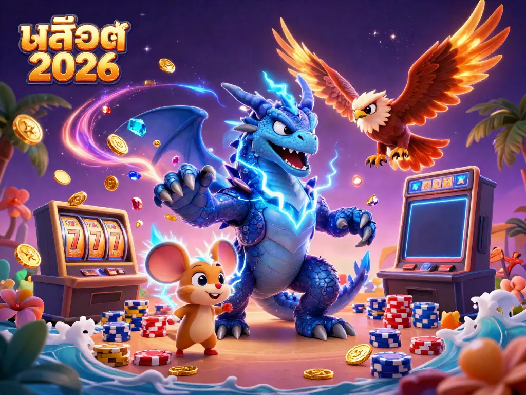 Engage with สล็อต 2026 in a vibrant illustration featuring dynamic casino characters and gaming elements.