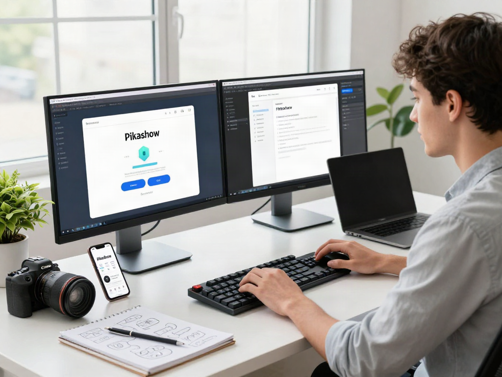 Pikashow apk download displayed on a dual-monitor setup in a modern workspace, highlighting a tech-savvy environment.