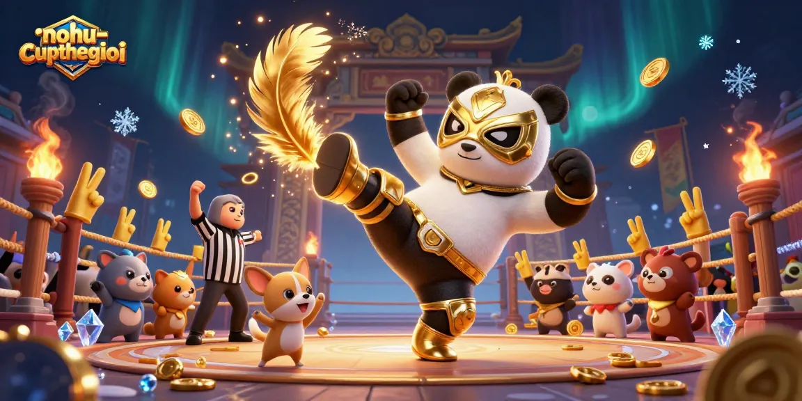 Nohu-cupthegioi captures a dynamic scene of a panda wrestler in action amidst colorful casino elements.
