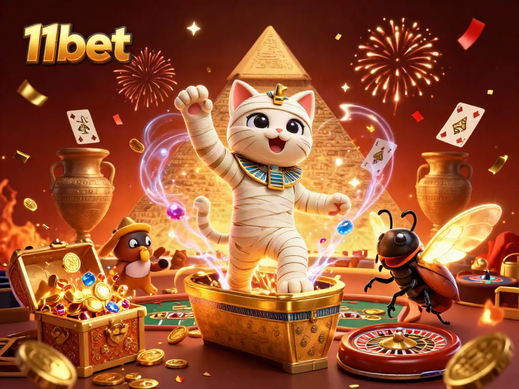 Engage with thrilling casino gameplay at 11bet featuring an Egyptian mummy cat and vibrant symbols.