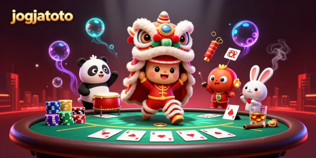 Experience thrilling games at jogjatoto with exciting poker tables, colorful chips, and engaging characters.