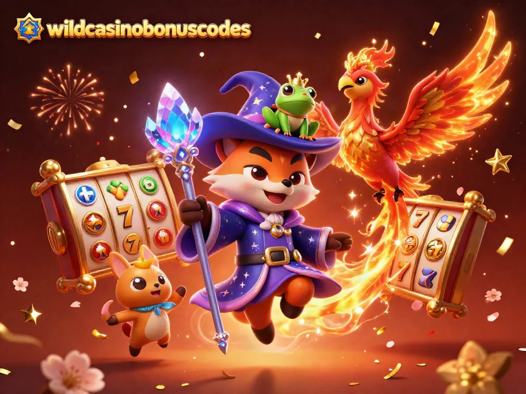 Spin and win with wildcasinobonuscodes as vibrant 3D characters celebrate casino bonuses.