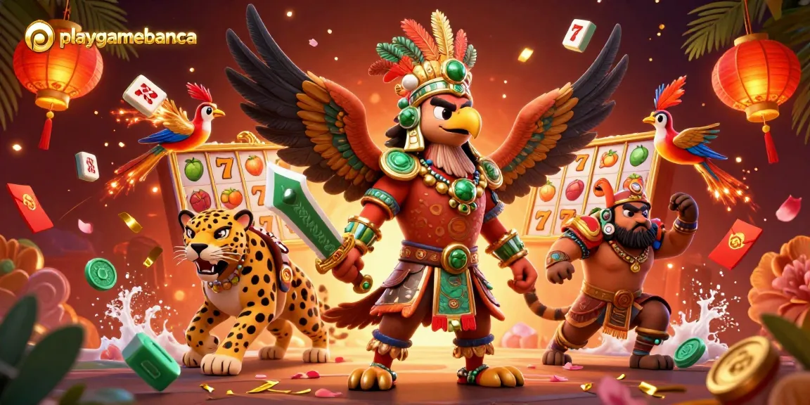 Experience the excitement with playgamebanca's vibrant casino scene featuring lucky symbols and an Aztec warrior.