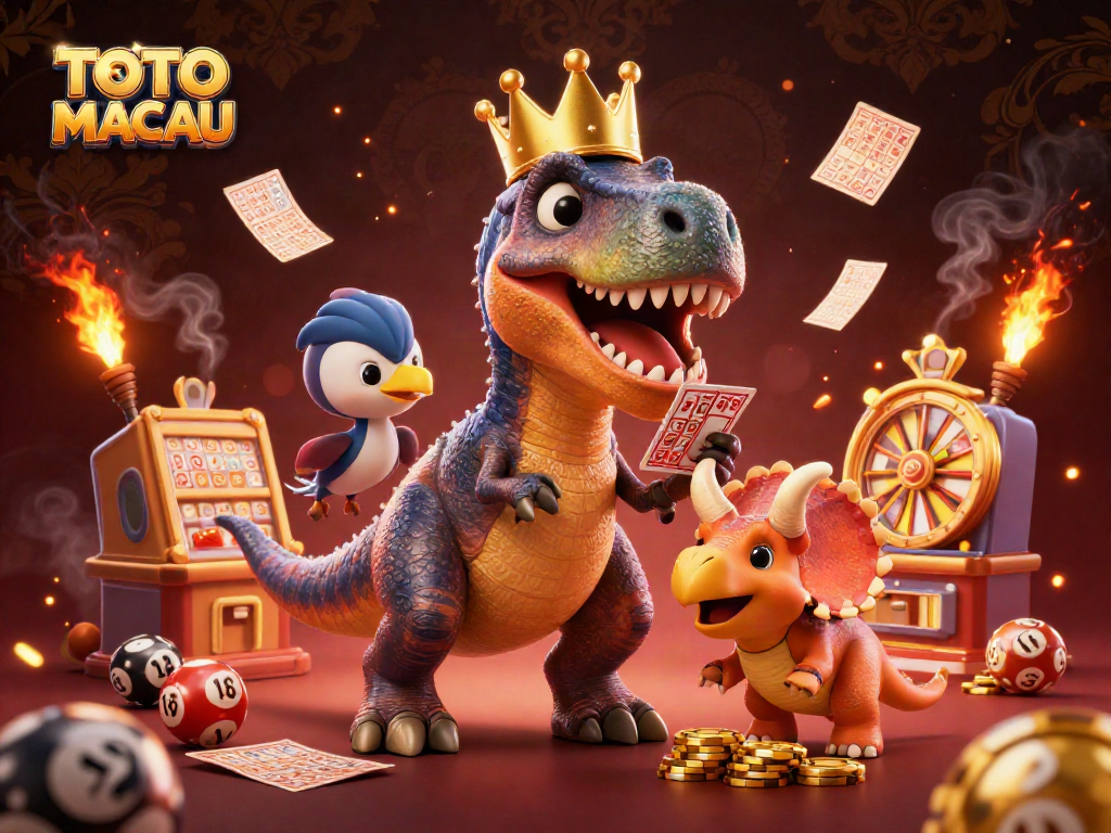 TOTO MACAU lottery scene with a friendly T-Rex shuffling cards and colorful lottery elements