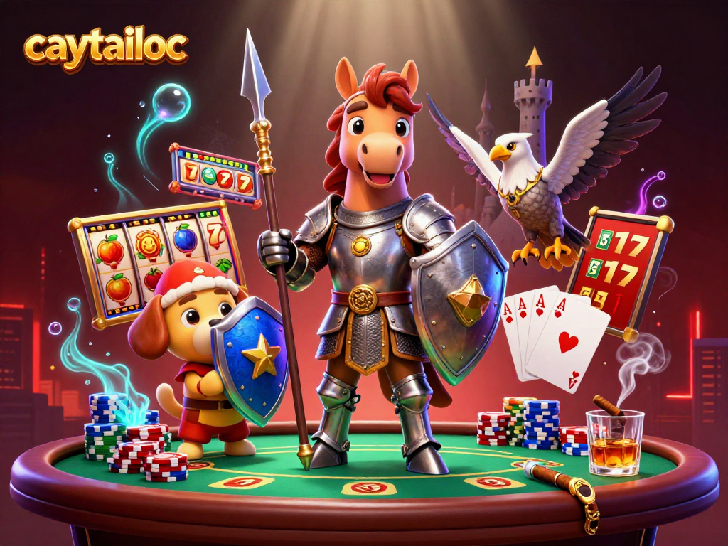 Spin to win on caytailoc with vibrant 3D characters and casino elements in a dynamic illustration.