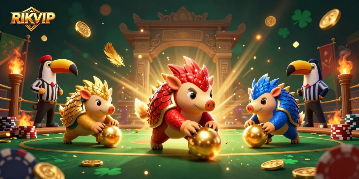 Experience the thrill of RIKVIP with rival pangolins in 3D action, swirling golden elements, and poker chips.