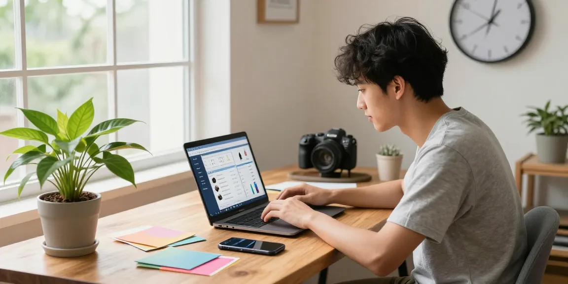 Youthful entrepreneur analyzing bdtjl metrics in a bright eCommerce workspace, emphasizing creativity and productivity.