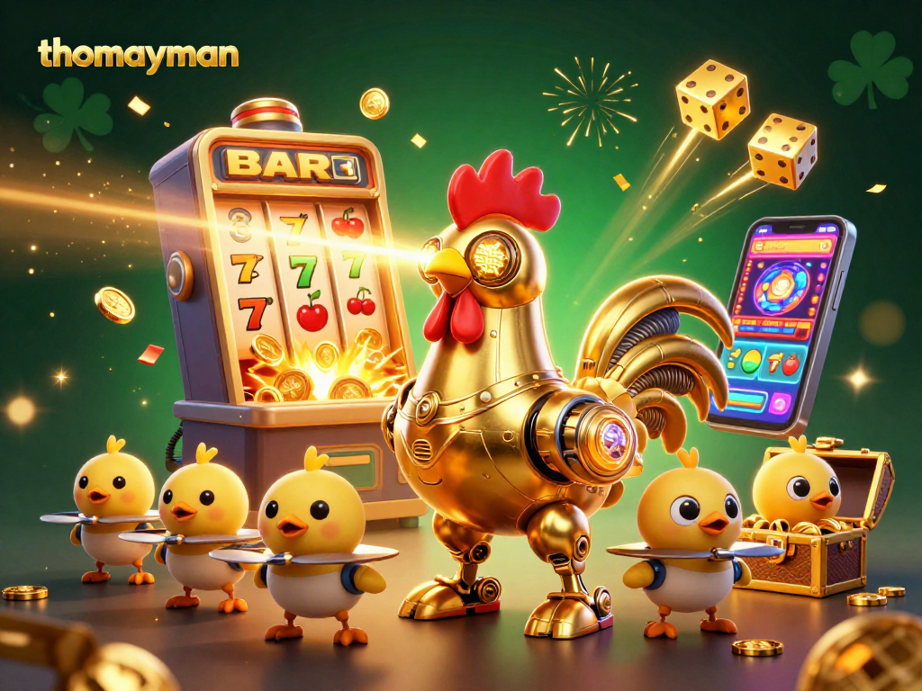 Join the thomayman adventure as the golden rooster robot unleashes jackpot excitement in a vibrant casino scene.
