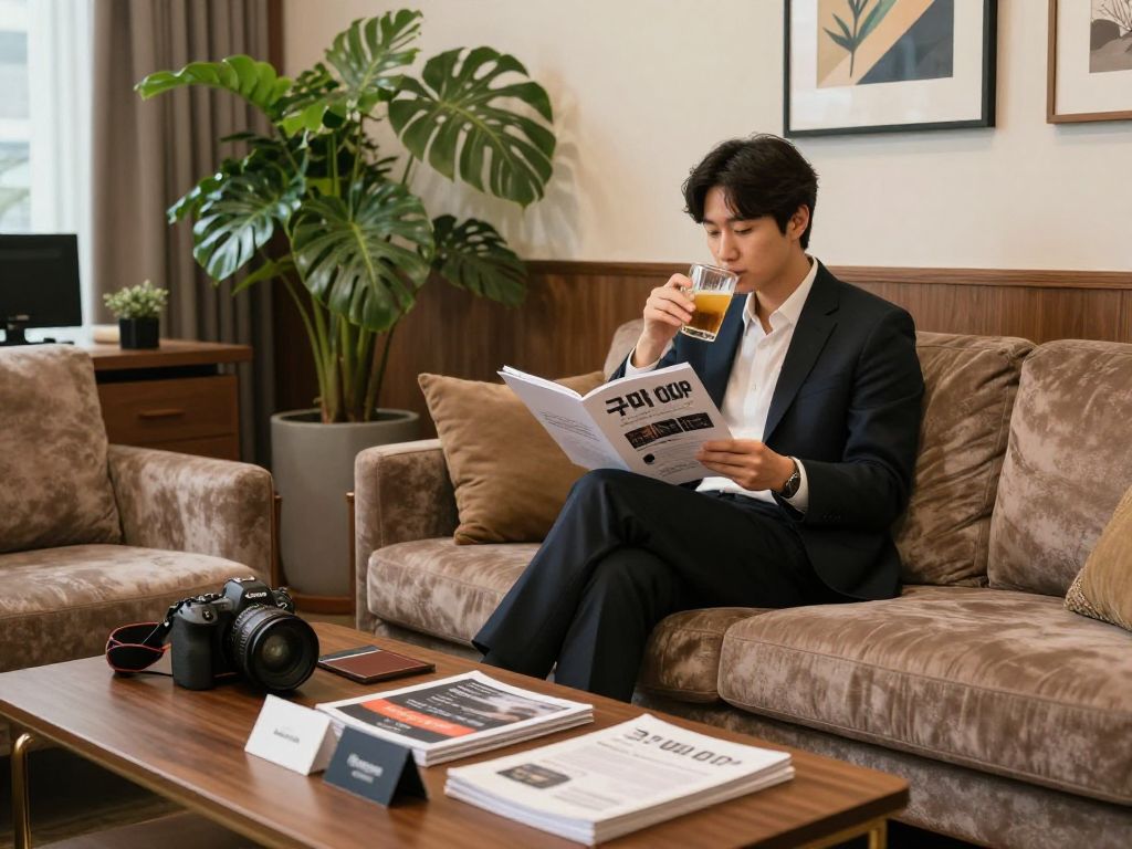 구미OP 서비스를 소개하는 아늑한 오피 사무실 풍경, 편안한 소파에 앉아 음료를 즐기는 손님 모습