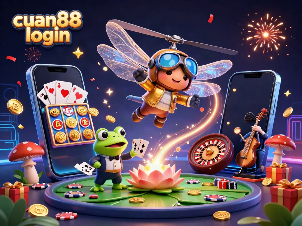 Engage with cuan88 login at a lively casino scene featuring a dragonfly pilot, frog croupier, and jazz cricket musicians.