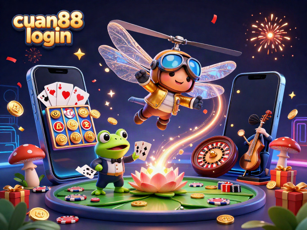 Engage with cuan88 login at a lively casino scene featuring a dragonfly pilot, frog croupier, and jazz cricket musicians.