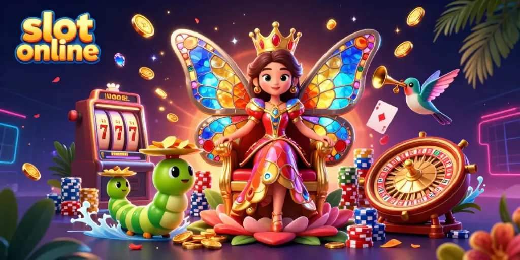 Spin thrilling slot online reels with a vibrant butterfly queen and dazzling casino elements.