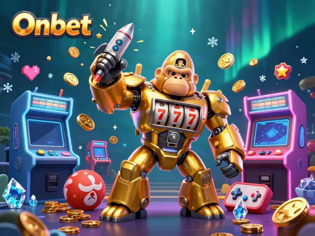 Experience the excitement of Onbet with a golden gorilla mech in a vibrant casino scene filled with arcade elements.