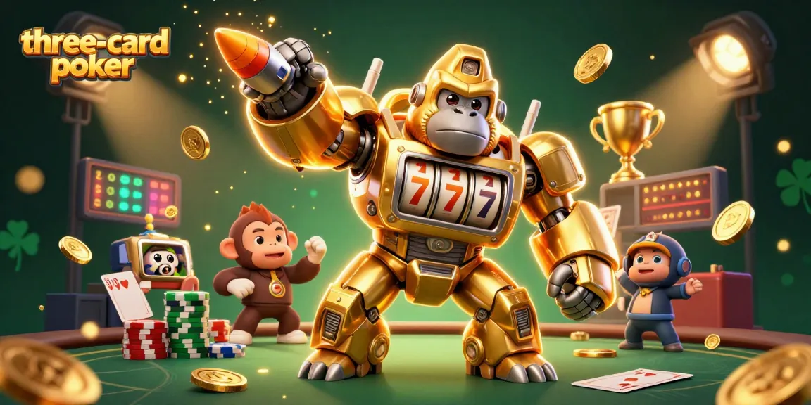 Engage in three-card-poker excitement with a dynamic 3D illustration of a golden gorilla mech amid poker elements.