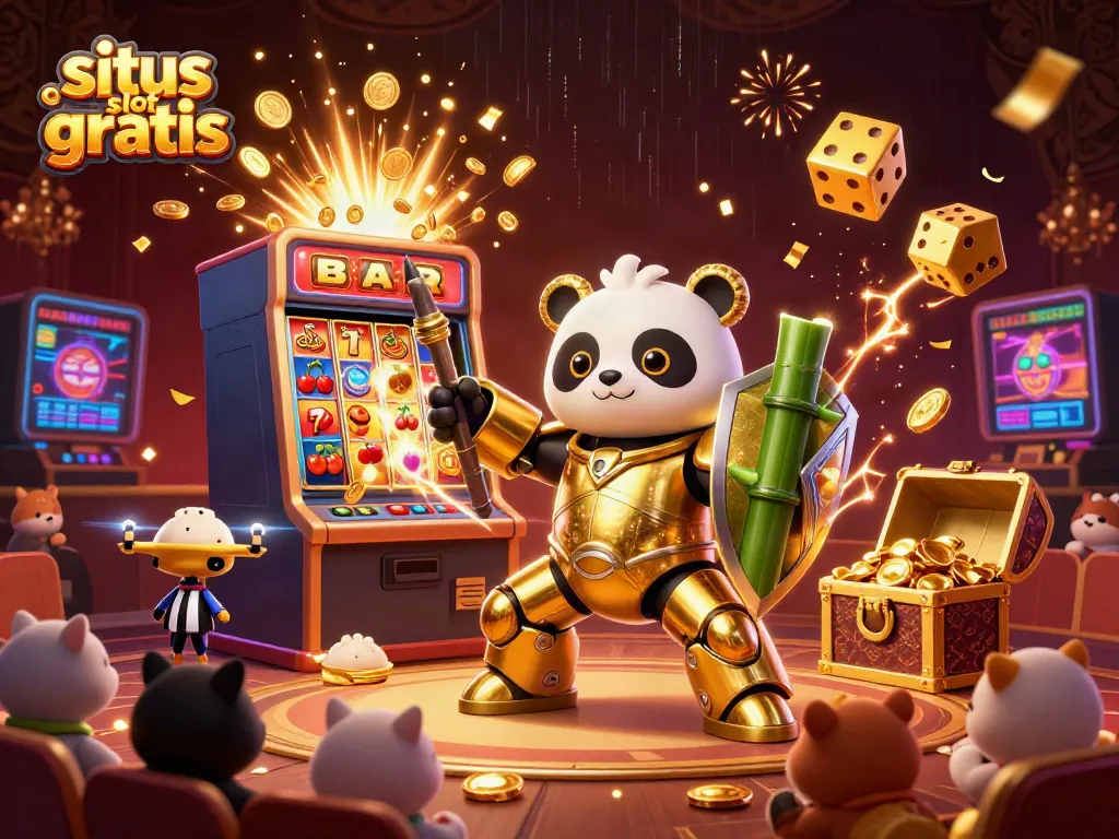 Experience situs slot gratis with an exciting 3D illustration of a gaming arena and dramatic slot machine action.