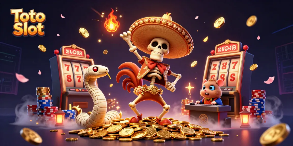 Toto Slot menampilkan skeleton mariachi dan karakter lainnya berdansa di tumpukan koin emas