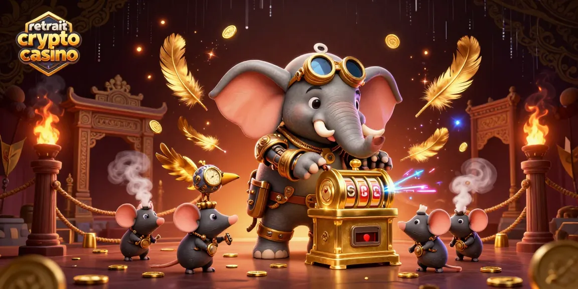 Retrait crypto casino : Illustration d'un éléphant ingénieur strémiste maniant une machine à sous dorée.