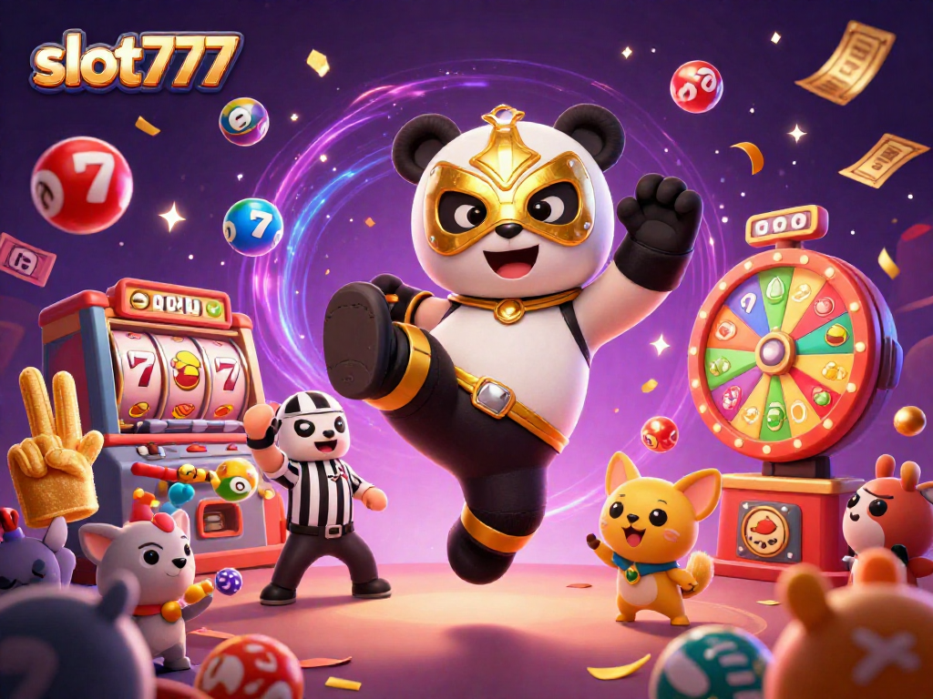 Engage with slot777 for thrilling gameplay, featuring a panda wrestler and excitement in vibrant casino illustration.