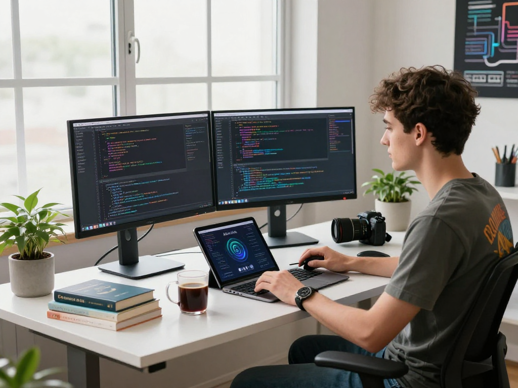 AI 18+ software developer coding advanced algorithms in a modern tech workspace.