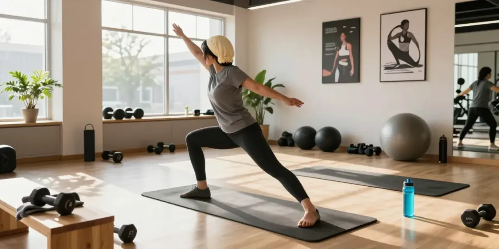TB500 peptide benefits illustrated in a vibrant gym scene with athletes training and dynamic stretches.