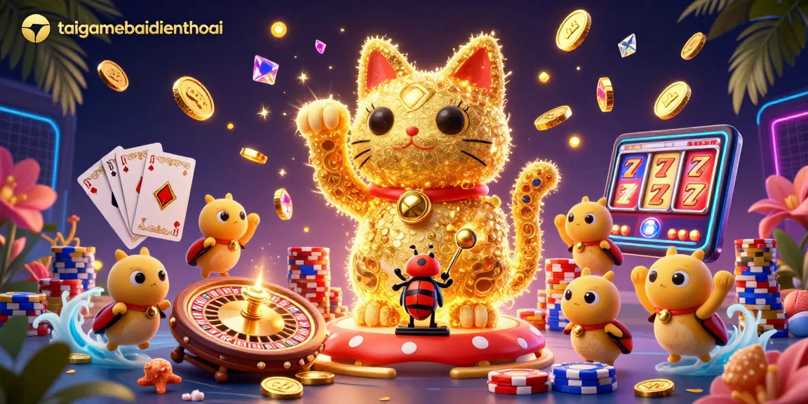 Experience gaming magic with taigamebaidienthoai as golden fireflies form a lively lucky cat amidst casino treasures.