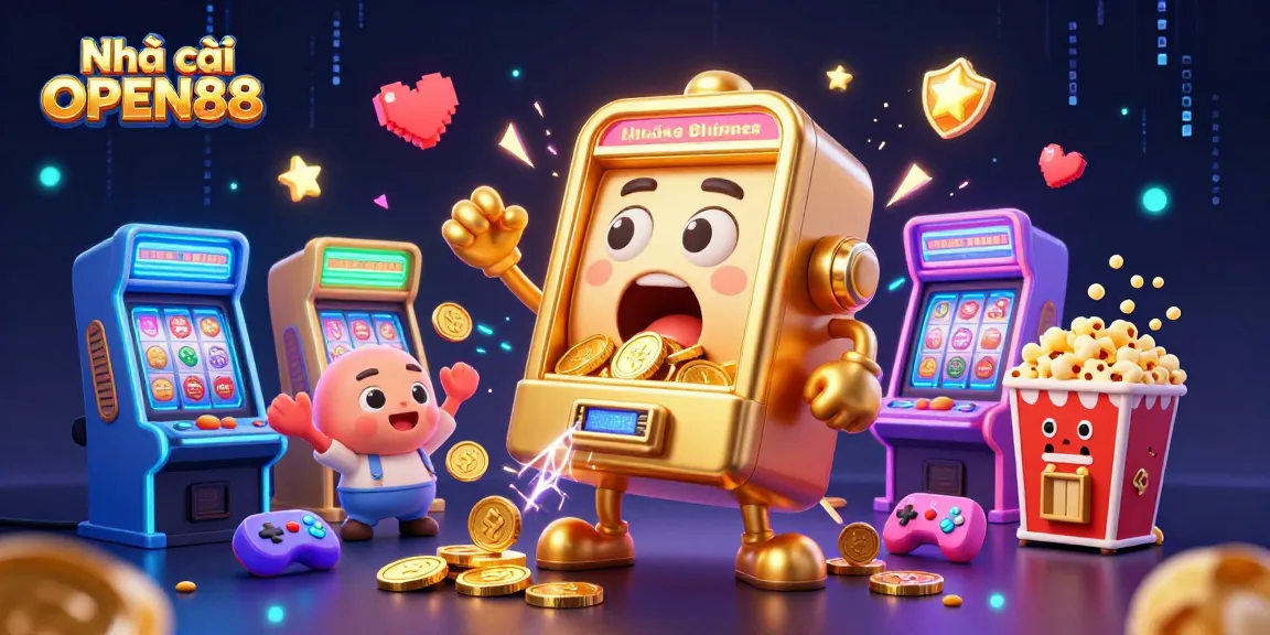 Experience excitement with Nhà cái OPEN88 as the golden slot machine hits a jackpot, surrounded by vibrant game elements.