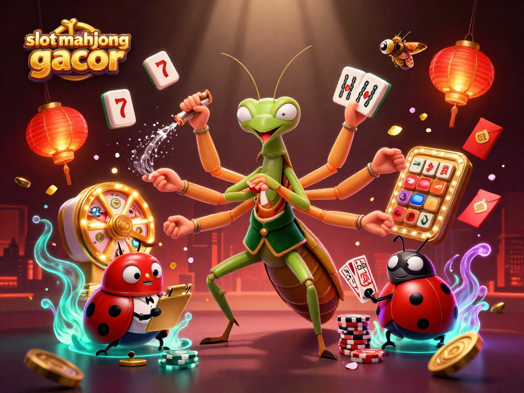 Experience the excitement of slot mahjong gacor with a lively scene of a giant mantis card sharp and ladybug pit boss.